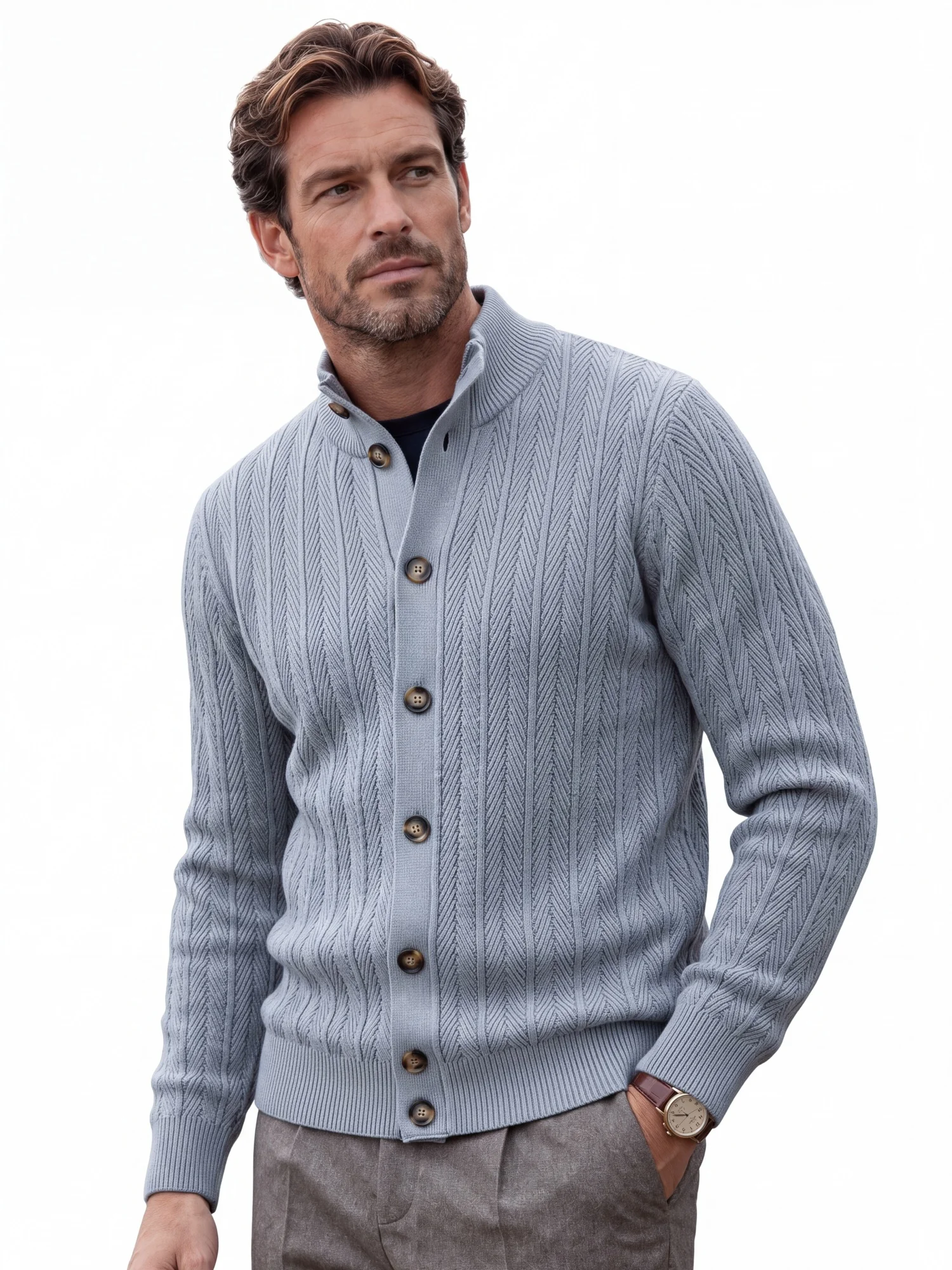 AIOPESON Men Cotton Design Knitwear Sweater Button Up Stand Collar Ribbed Cuffs Cardigan Smart Casual Office Thermal Fall Winter
