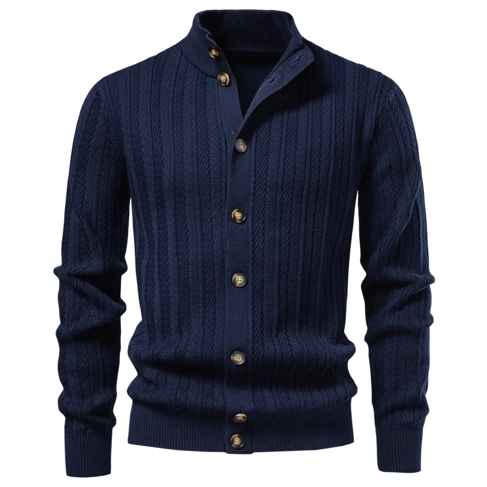 AIOPESON Men Cotton Design Knitwear Sweater Button Up Stand Collar Ribbed Cuffs Cardigan Smart Casual Office Thermal Fall Winter