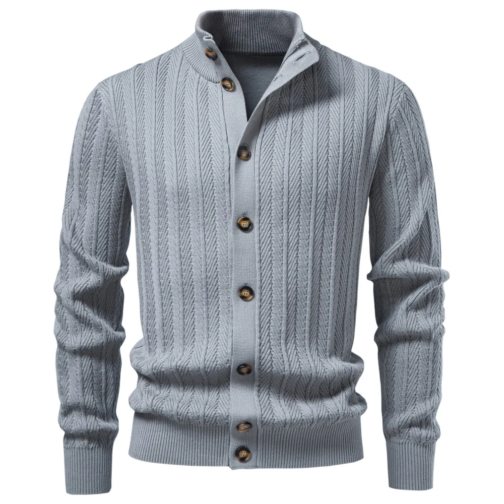 AIOPESON Men Cotton Design Knitwear Sweater Button Up Stand Collar Ribbed Cuffs Cardigan Smart Casual Office Thermal Fall Winter