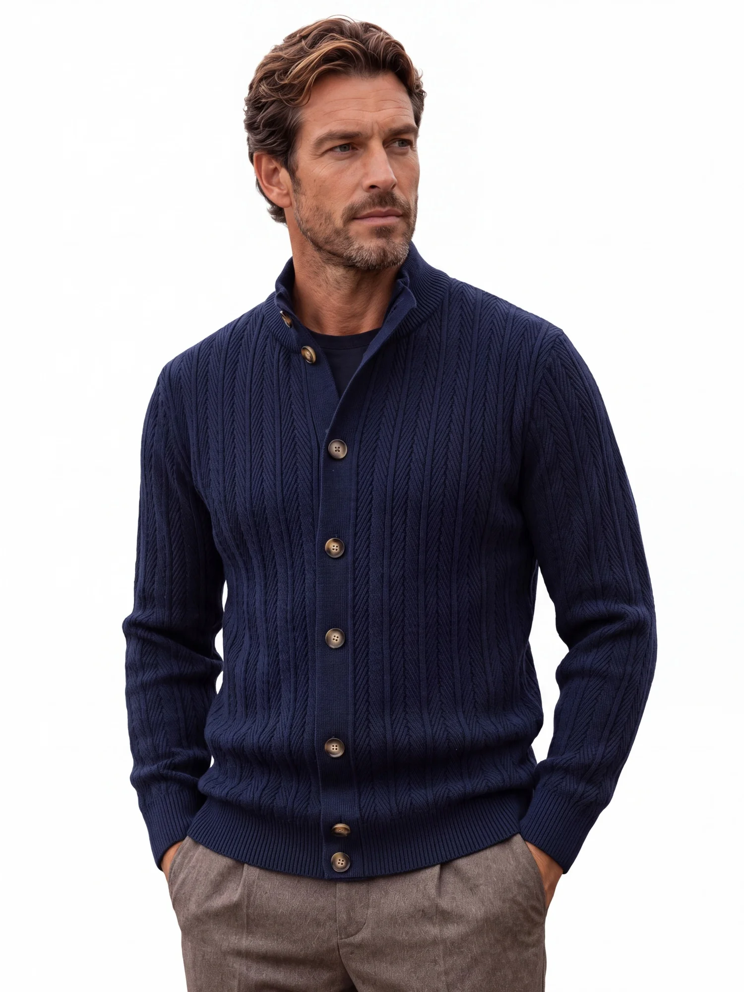 AIOPESON Men Cotton Design Knitwear Sweater Button Up Stand Collar Ribbed Cuffs Cardigan Smart Casual Office Thermal Fall Winter