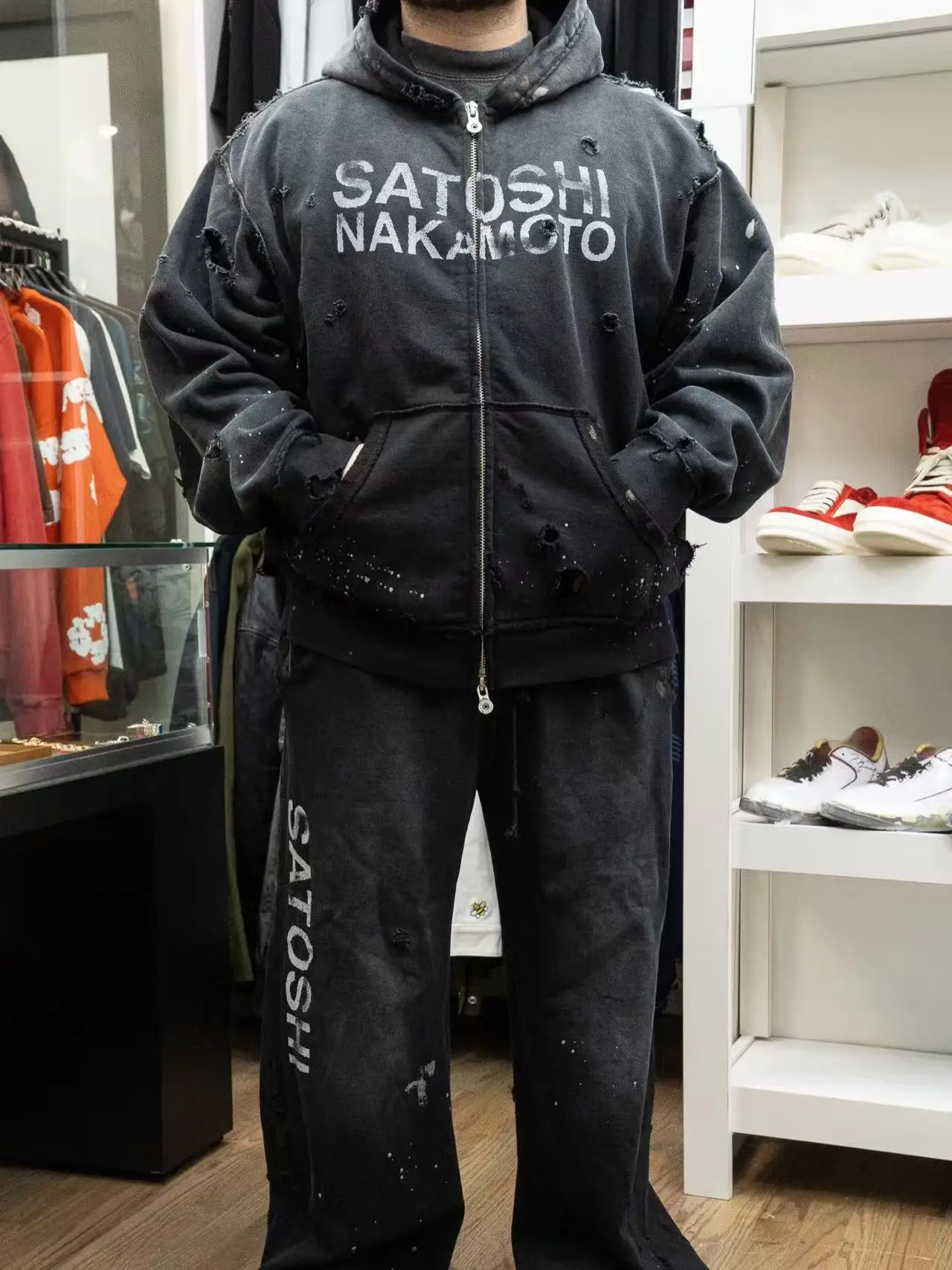 Satoshi Nakamoto SS26 Washed Splashing ink graffiti and destruction Pants Men Women Trousers Jogger Drawstring Sweatpants