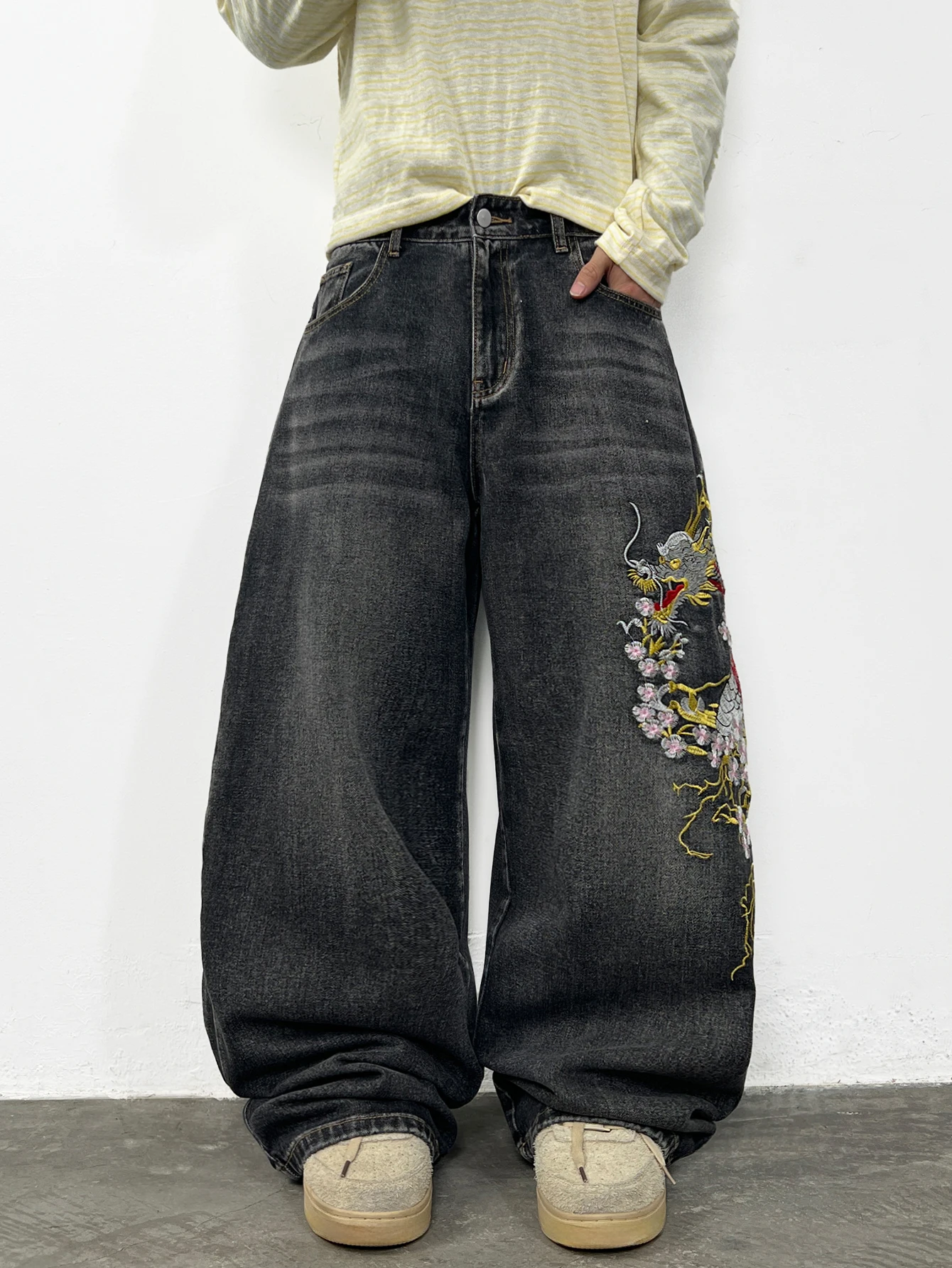 American Retro Washed Distressed Dragon Embroidery Men's Loose Wide-Leg Jeans Street Hip-Hop Trend Fashion Versatile Trousers