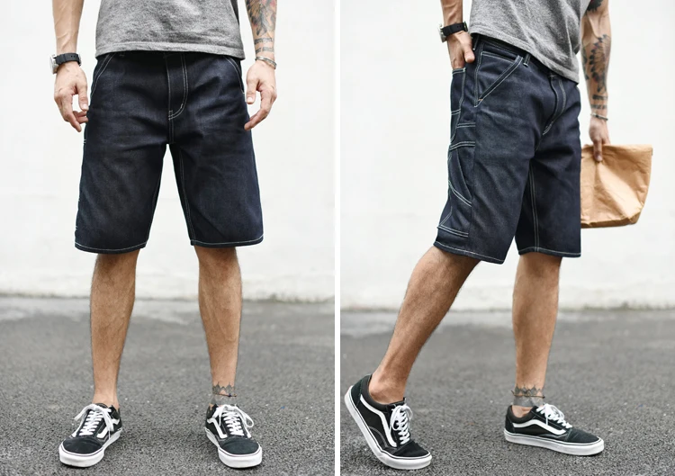 SauceZhan 266XX Mens Shorts Jeans Selvedge Denim Knee Length Mens Jeans Indigo Straight Fit 12.5 Oz