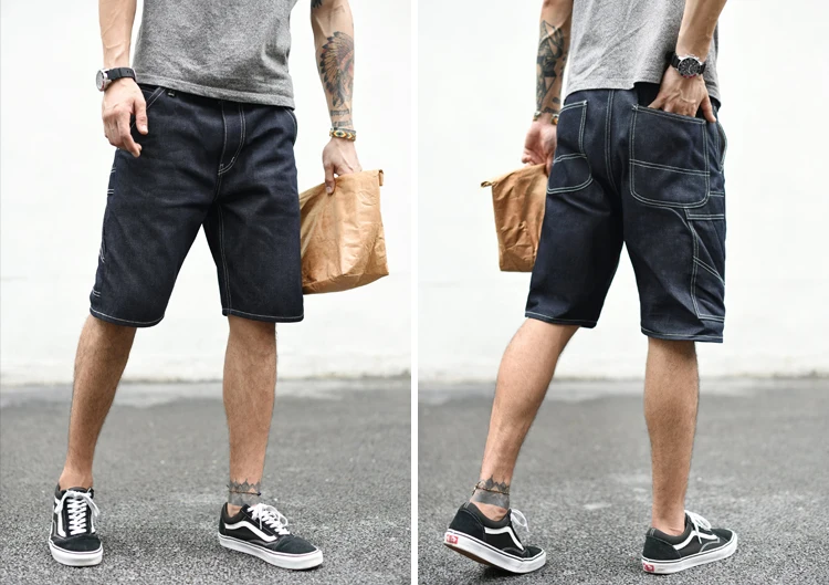 SauceZhan 266XX Mens Shorts Jeans Selvedge Denim Knee Length Mens Jeans Indigo Straight Fit 12.5 Oz