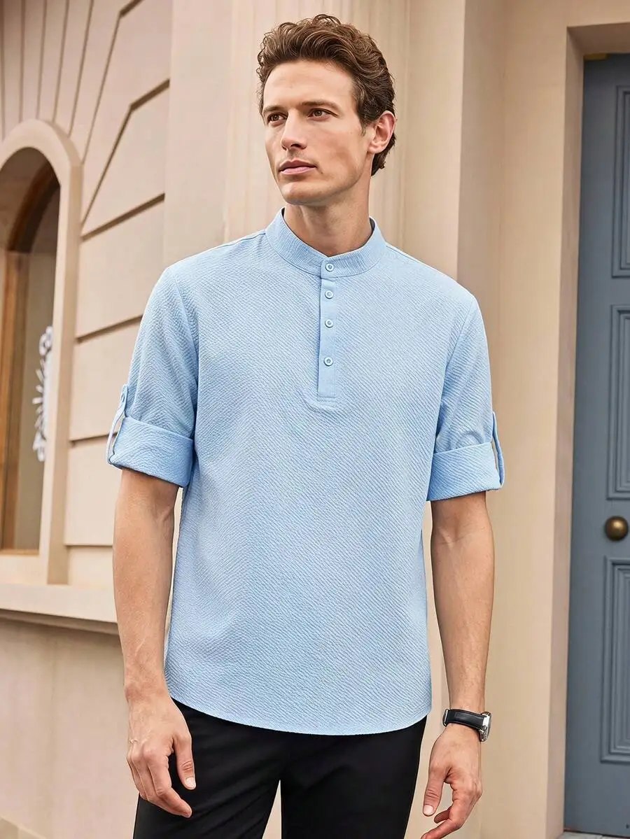 Officeau Men's Khaki Stand Collar Long Sleeve Henley Shirt, Roll-Up Sleeves, For Business Casual/ Vacation, Gift For Father/