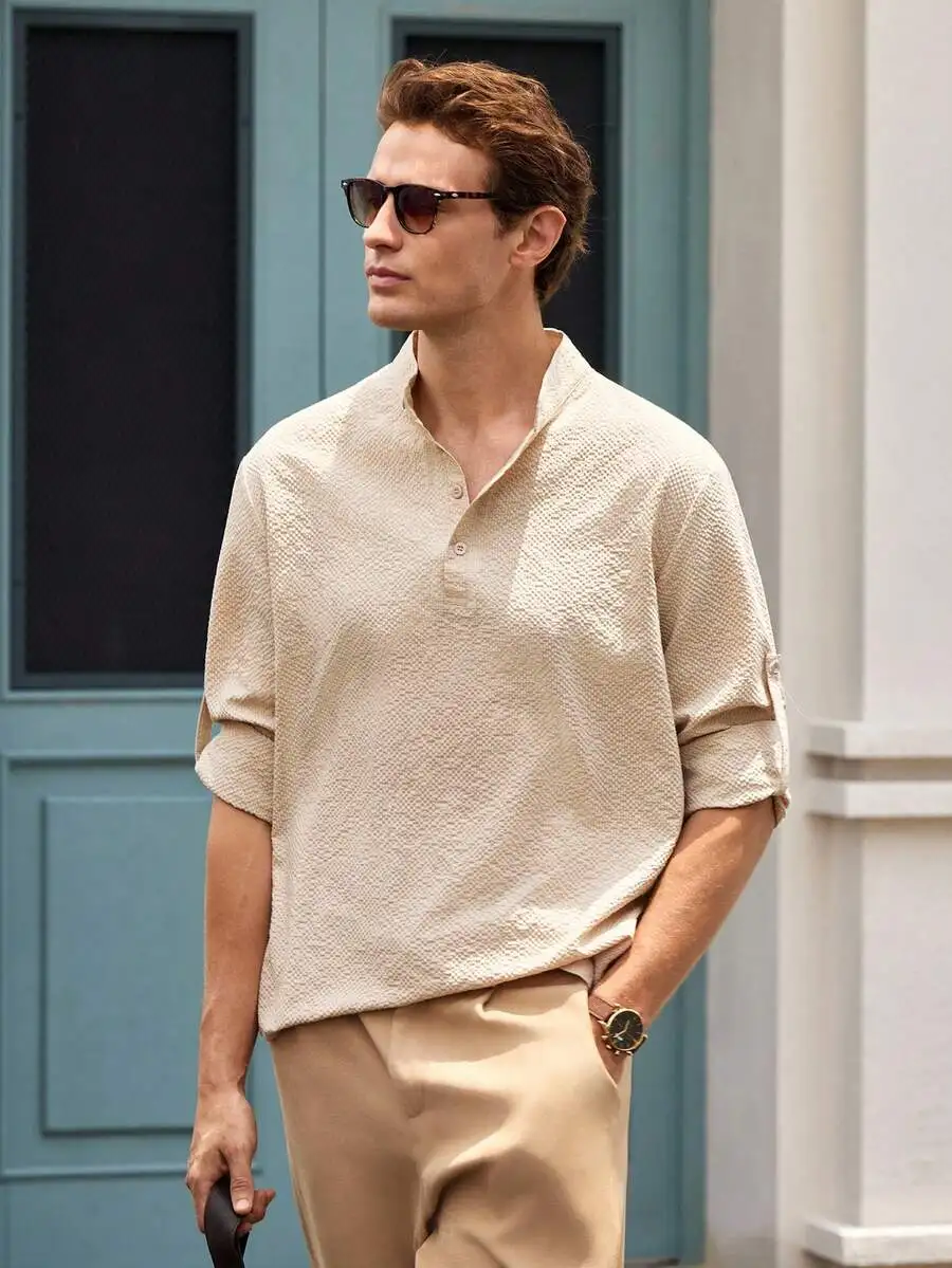 Officeau Men's Khaki Stand Collar Long Sleeve Henley Shirt, Roll-Up Sleeves, For Business Casual/ Vacation, Gift For Father/