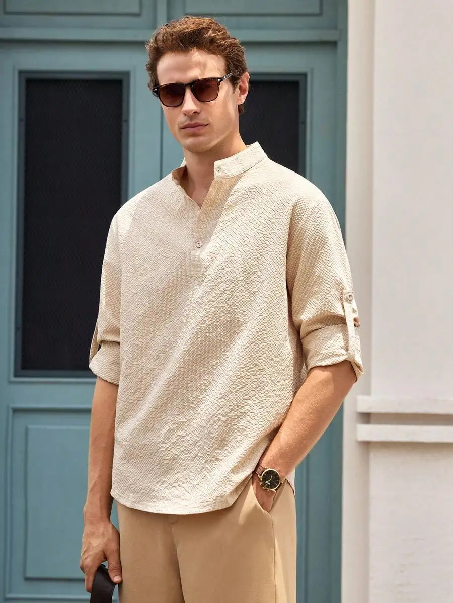 Officeau Men's Khaki Stand Collar Long Sleeve Henley Shirt, Roll-Up Sleeves, For Business Casual/ Vacation, Gift For Father/