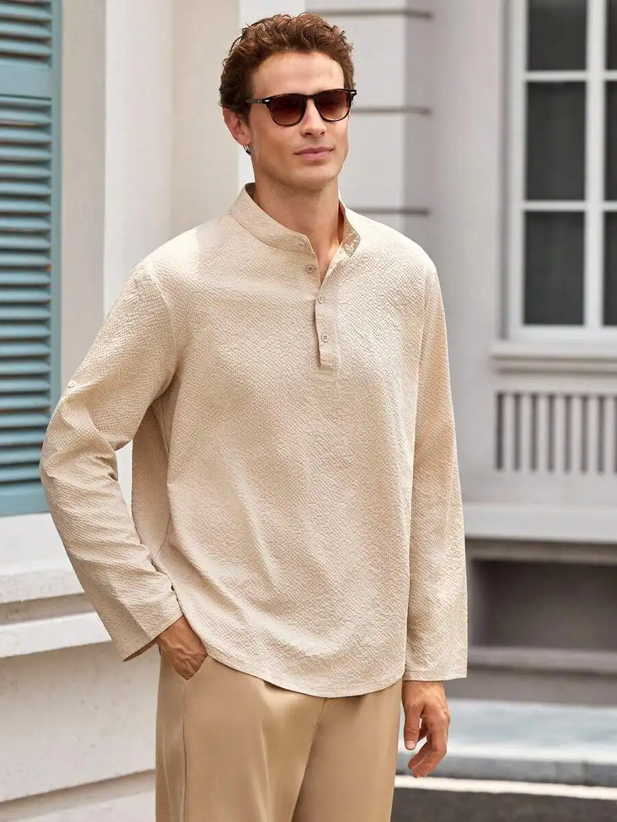 Officeau Men's Khaki Stand Collar Long Sleeve Henley Shirt, Roll-Up Sleeves, For Business Casual/ Vacation, Gift For Father/