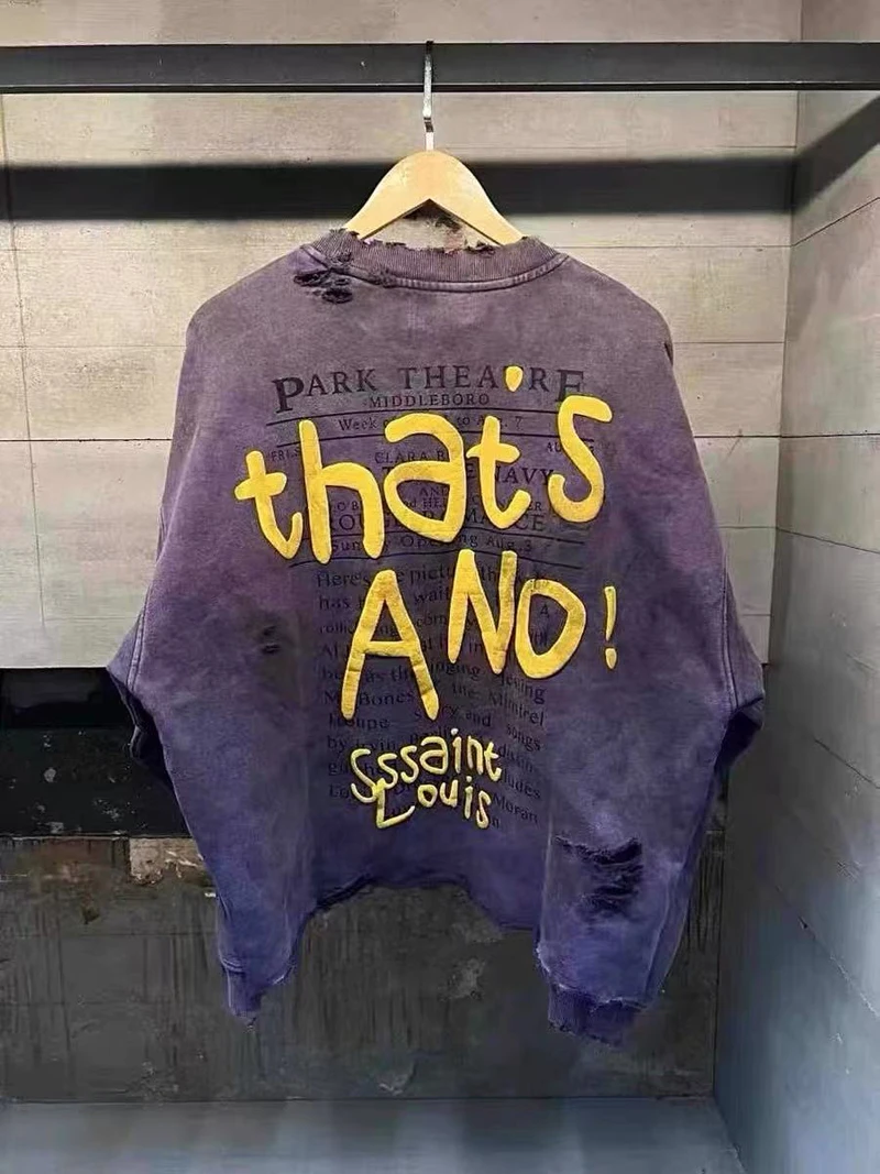 Tear Collar Yellow Print Label SSSAINT LOUIS Sweatshirts Men Women Vintage Washed Hole Damaged Soiled Loose Hoodie Pullovers