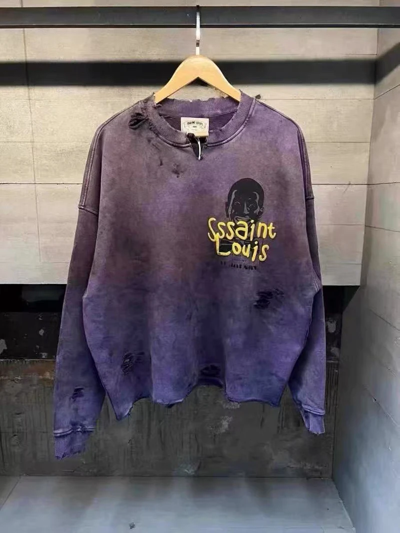 Tear Collar Yellow Print Label SSSAINT LOUIS Sweatshirts Men Women Vintage Washed Hole Damaged Soiled Loose Hoodie Pullovers