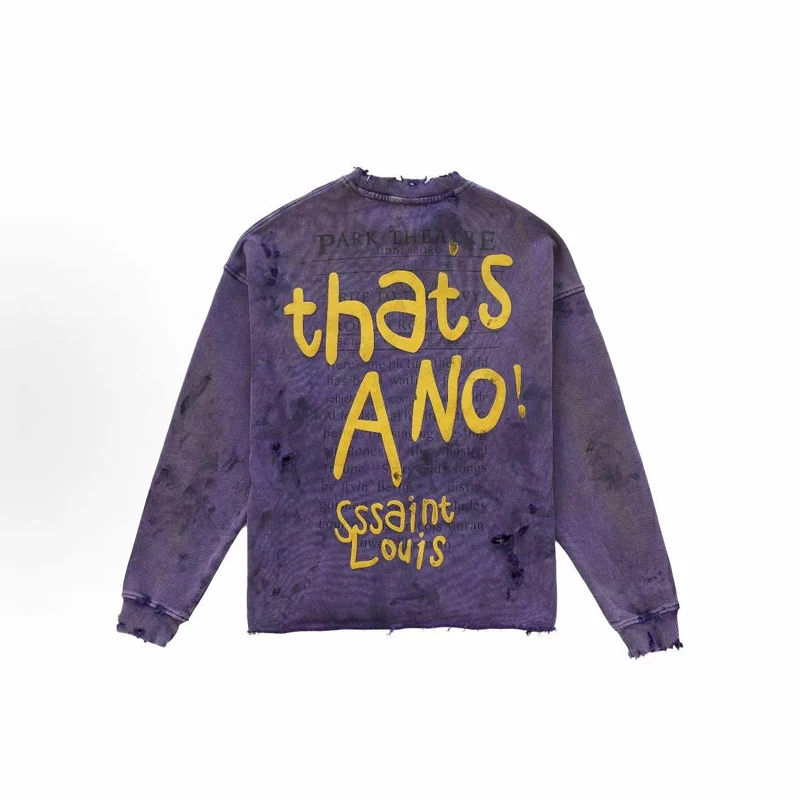 Tear Collar Yellow Print Label SSSAINT LOUIS Sweatshirts Men Women Vintage Washed Hole Damaged Soiled Loose Hoodie Pullovers