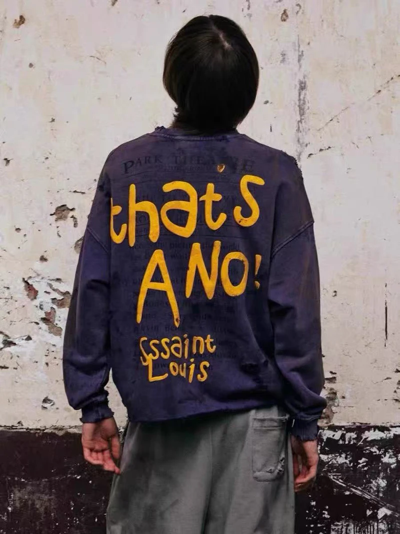 Tear Collar Yellow Print Label SSSAINT LOUIS Sweatshirts Men Women Vintage Washed Hole Damaged Soiled Loose Hoodie Pullovers