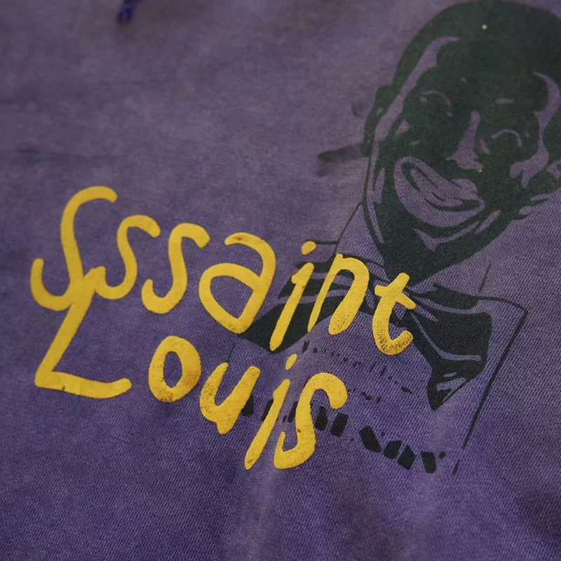 Tear Collar Yellow Print Label SSSAINT LOUIS Sweatshirts Men Women Vintage Washed Hole Damaged Soiled Loose Hoodie Pullovers