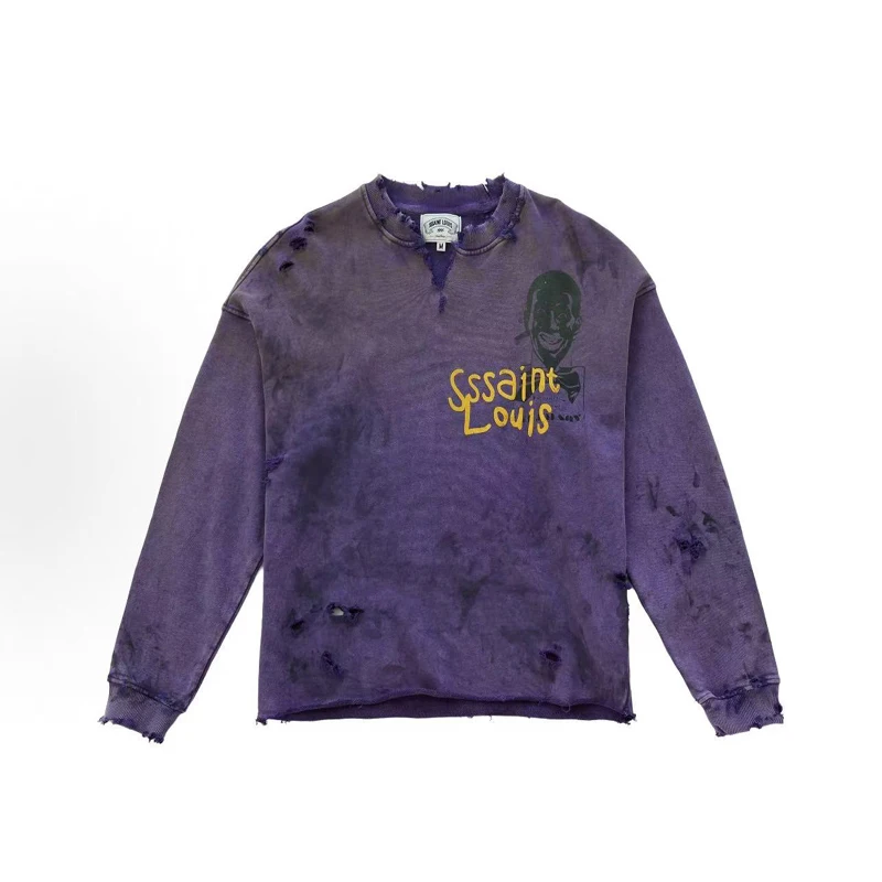 Tear Collar Yellow Print Label SSSAINT LOUIS Sweatshirts Men Women Vintage Washed Hole Damaged Soiled Loose Hoodie Pullovers