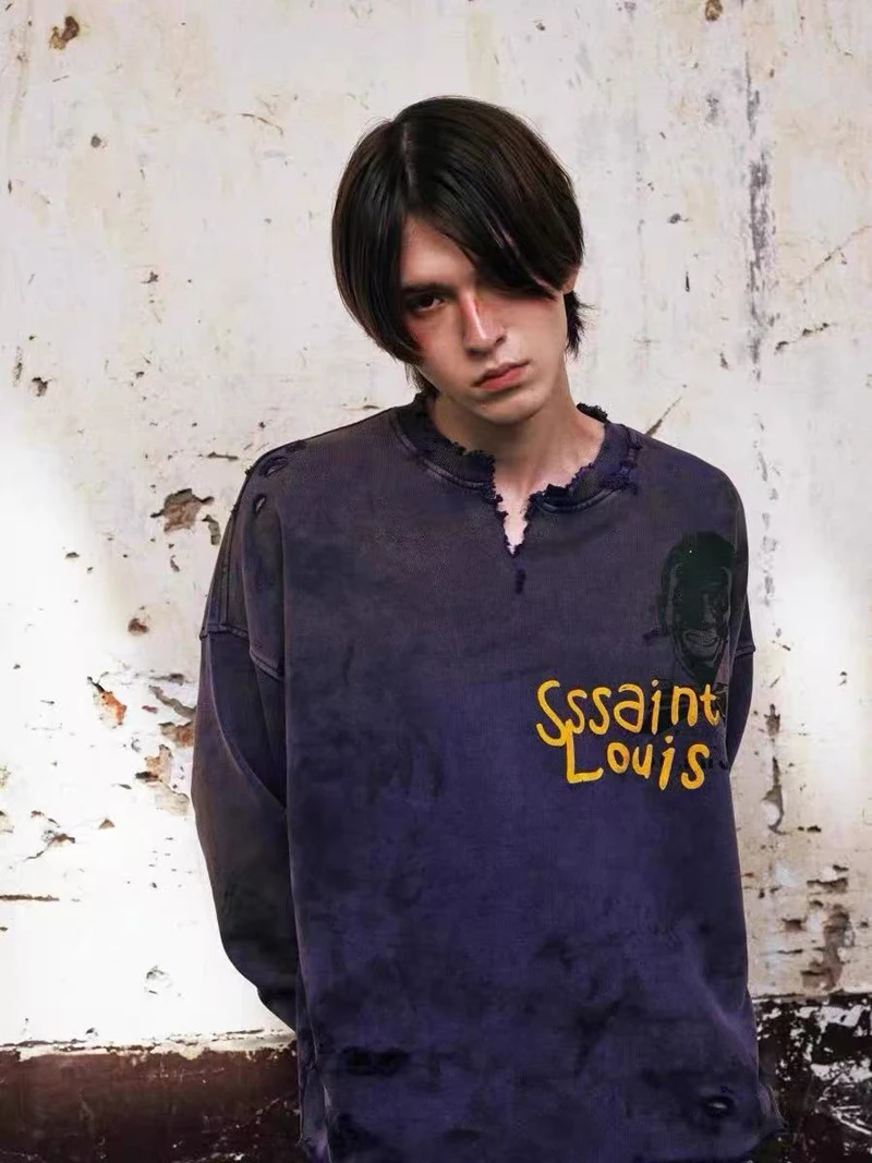 Tear Collar Yellow Print Label SSSAINT LOUIS Sweatshirts Men Women Vintage Washed Hole Damaged Soiled Loose Hoodie Pullovers