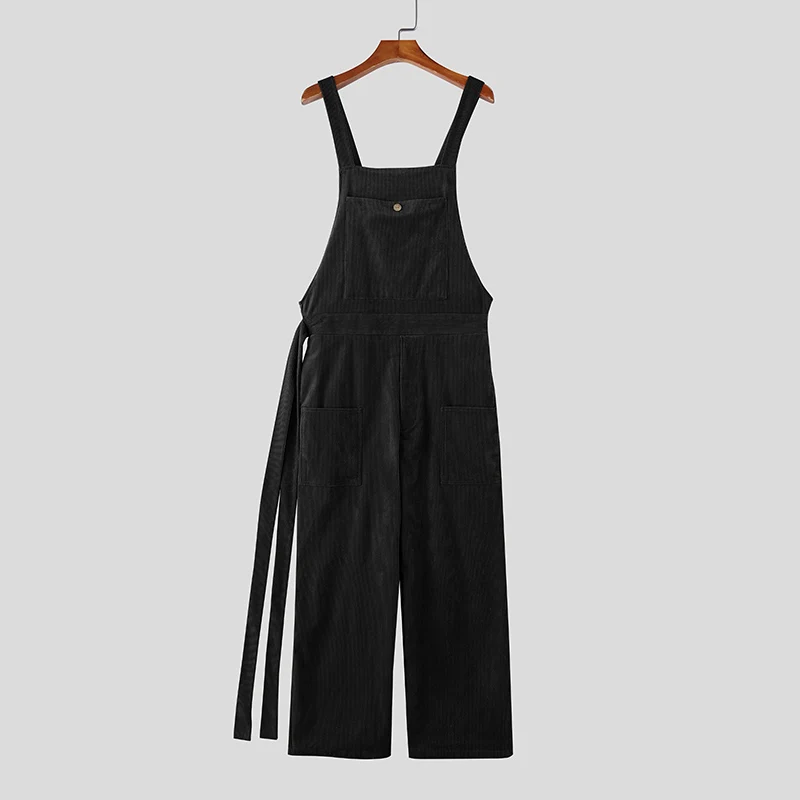 INCERUN Men Jumpsuits Solid Corduroy Sleeveless Casual Straps Rompers Men Streetwear Loose Pockets 2026 Fashion Cargo Overalls