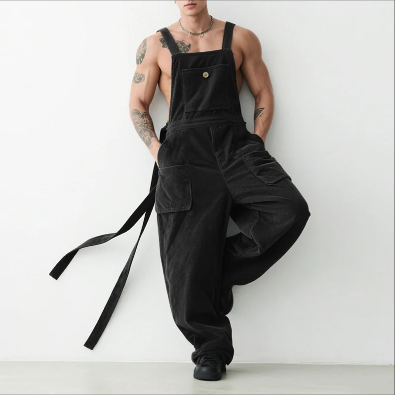INCERUN Men Jumpsuits Solid Corduroy Sleeveless Casual Straps Rompers Men Streetwear Loose Pockets 2026 Fashion Cargo Overalls