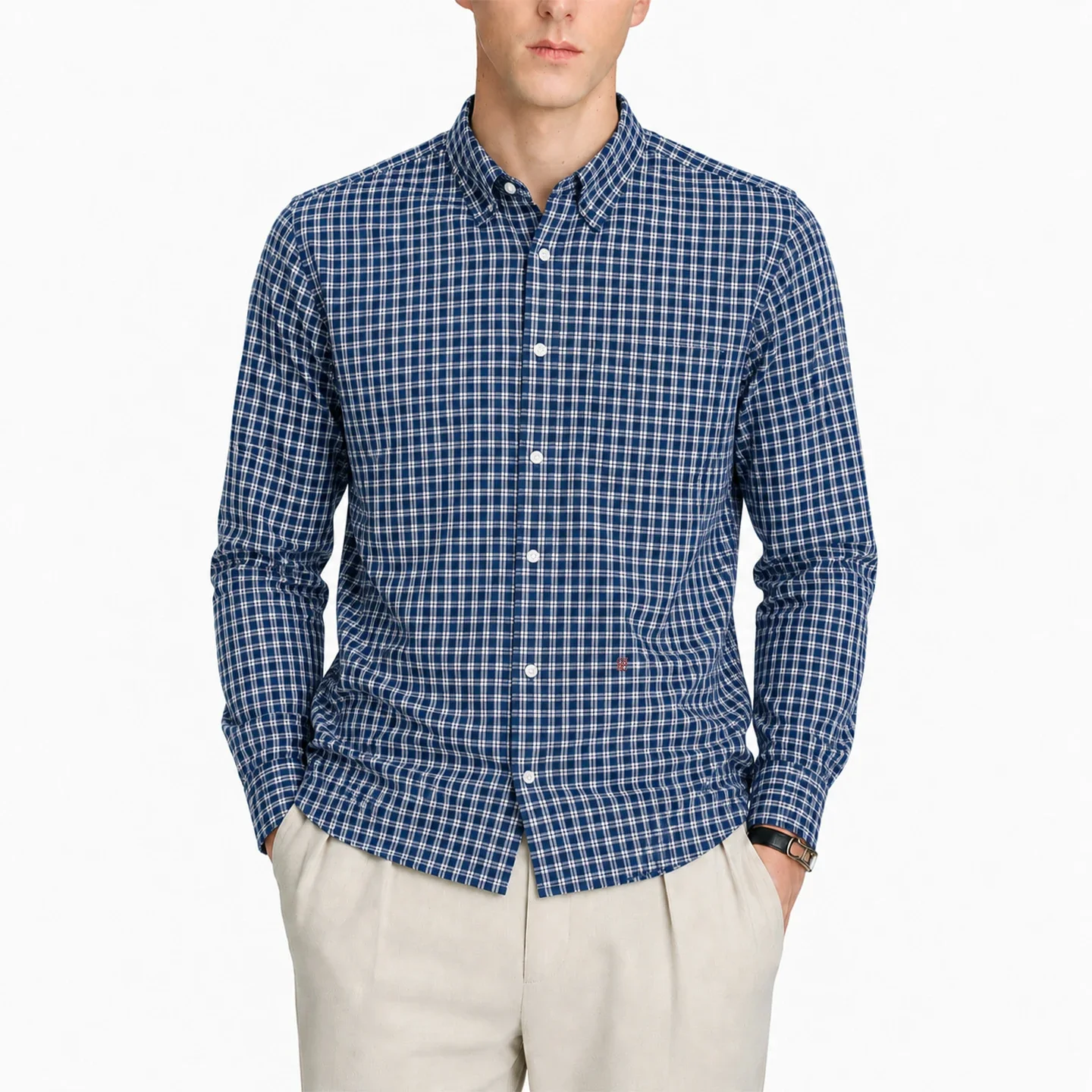 CH Mens Essential Lapel Subtle Letter Embroidery Full Grid Long Sleeve Shirt Office Casual Dual Use Top
