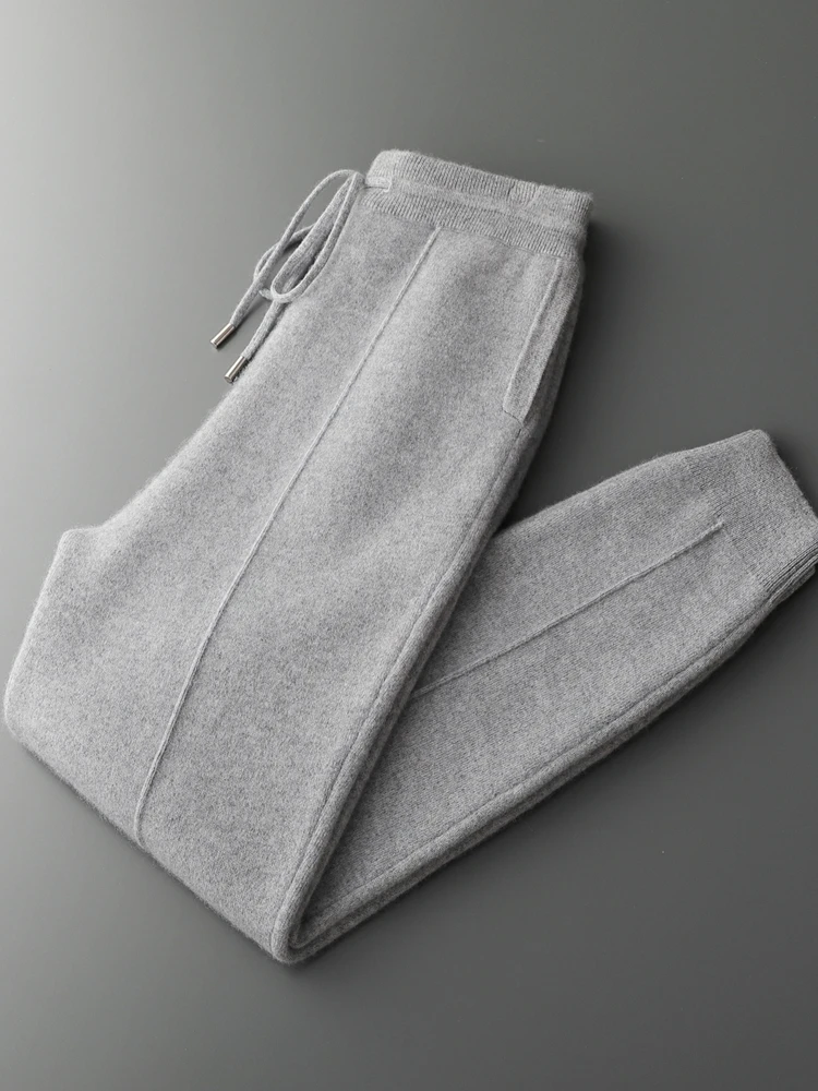Men's Cashmere Pants Smart Casual Pencil Pants Autumn Winter Thick Soft Warm Trousers 100% Merino Wool Knit Pants Korean Style