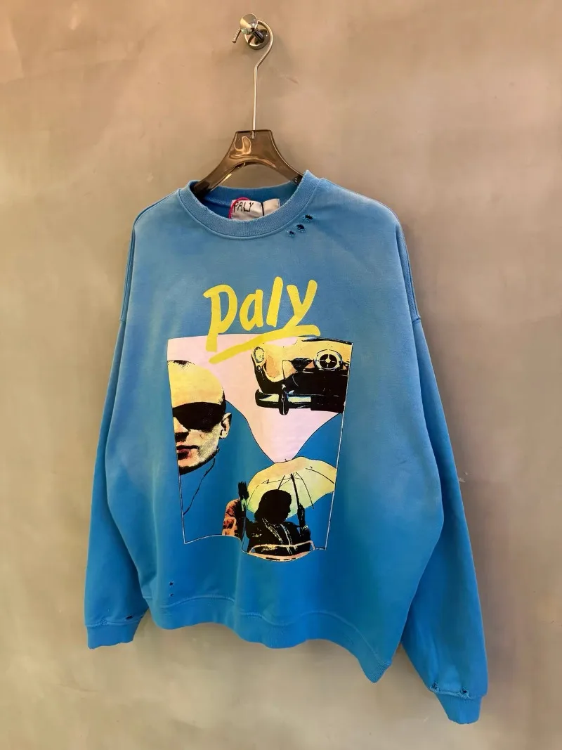 Paly Hollywood Blue Sweatshirts Men Women Best Quality Retro Destroy Washed Oversized Pullover