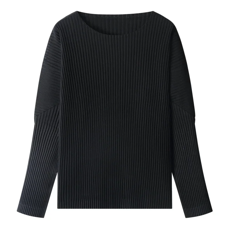 Miyake Pleated Shirt Men Long Sleeve T Shirt Casual Loose Fit Round Neck Tops Japanese Style Streetwear Breathable Pullover