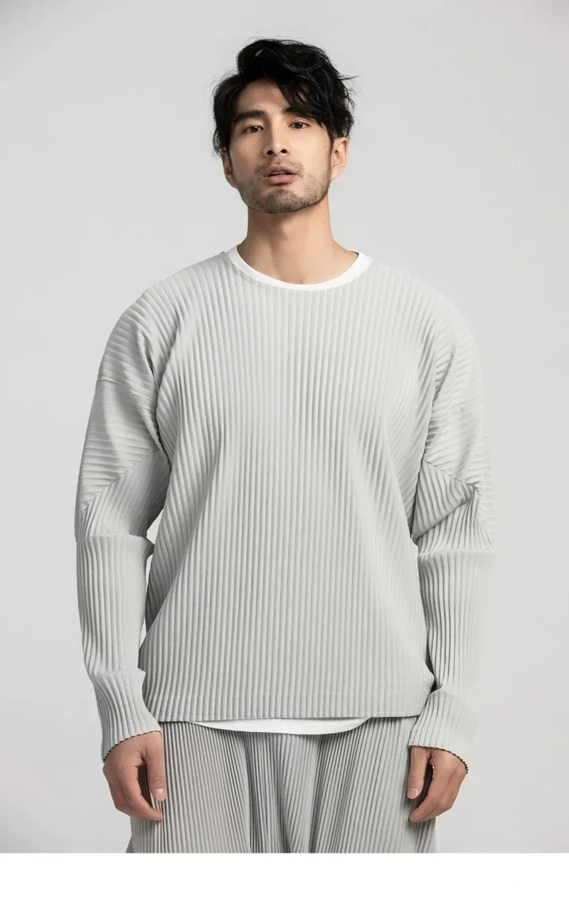 Miyake Pleated Shirt Men Long Sleeve T Shirt Casual Loose Fit Round Neck Tops Japanese Style Streetwear Breathable Pullover