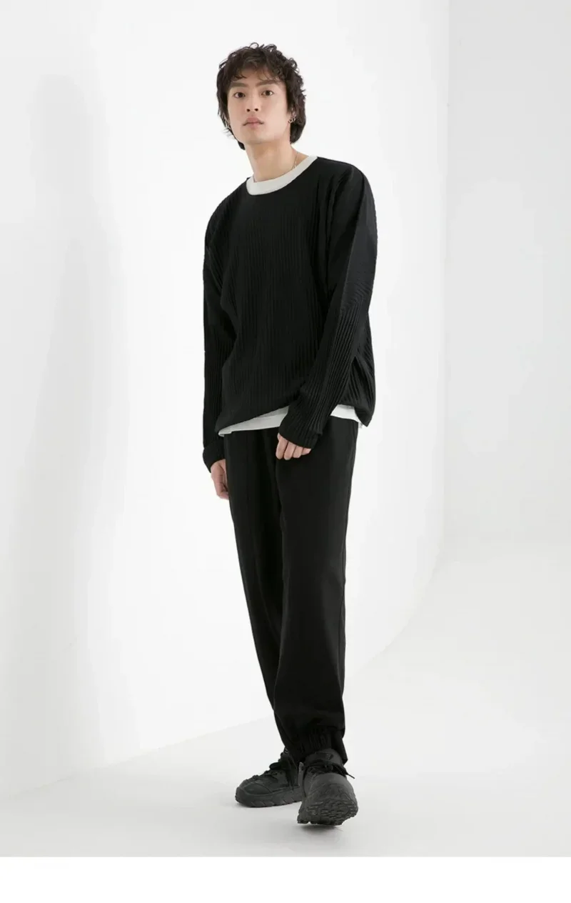 Miyake Pleated Shirt Men Long Sleeve T Shirt Casual Loose Fit Round Neck Tops Japanese Style Streetwear Breathable Pullover