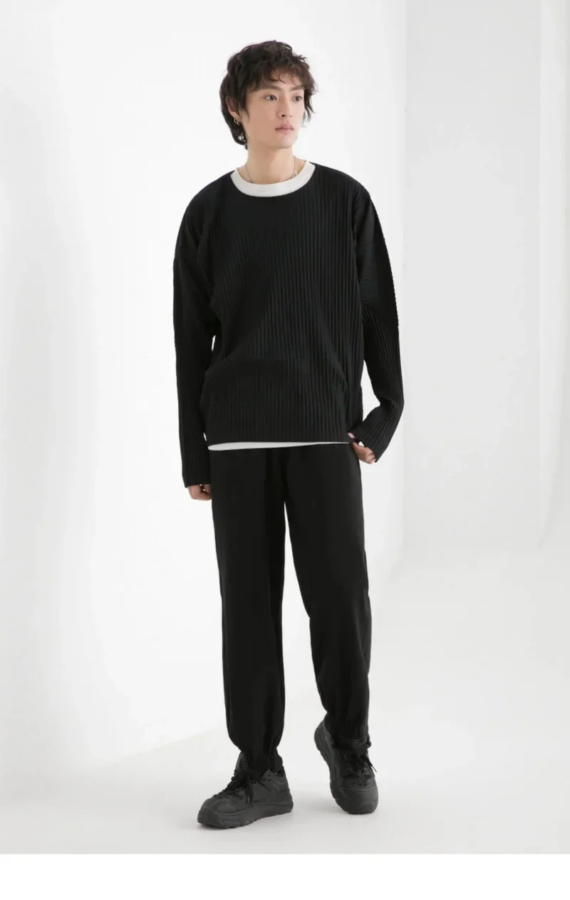 Miyake Pleated Shirt Men Long Sleeve T Shirt Casual Loose Fit Round Neck Tops Japanese Style Streetwear Breathable Pullover