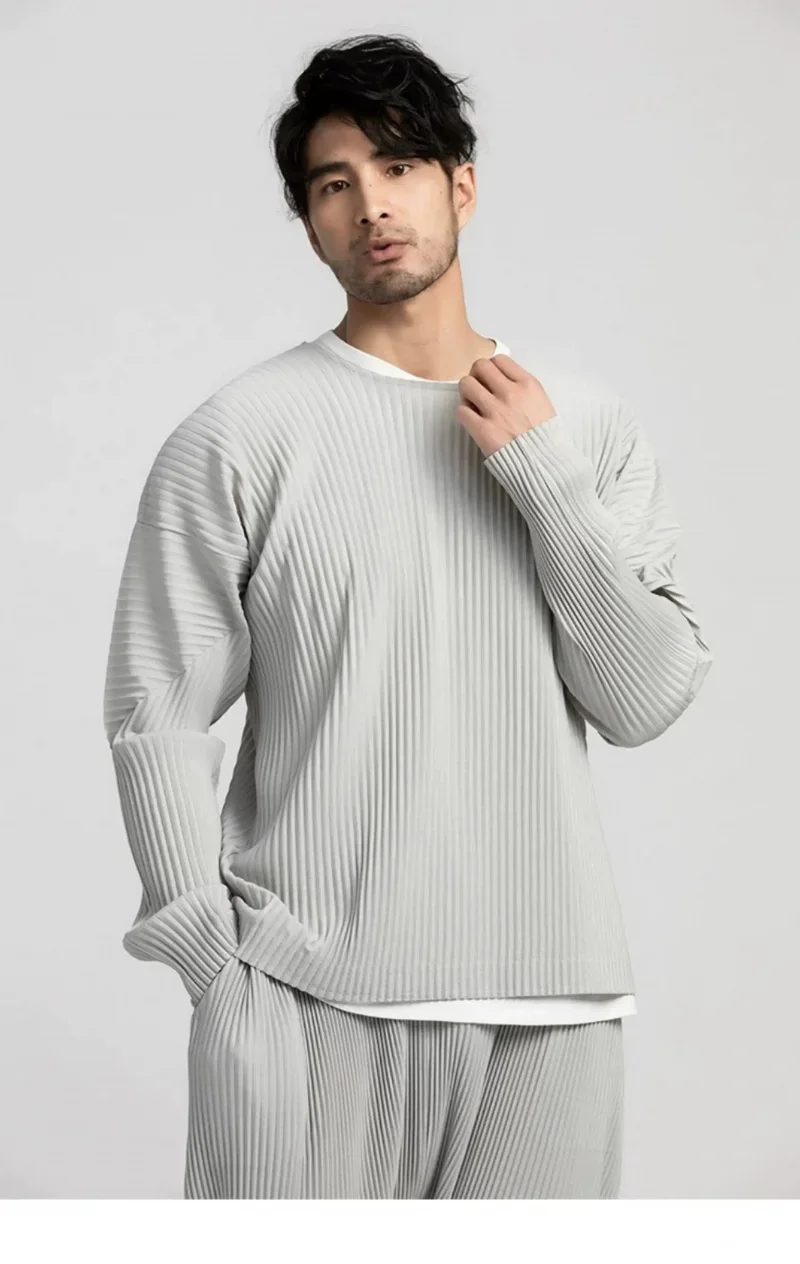 Miyake Pleated Shirt Men Long Sleeve T Shirt Casual Loose Fit Round Neck Tops Japanese Style Streetwear Breathable Pullover