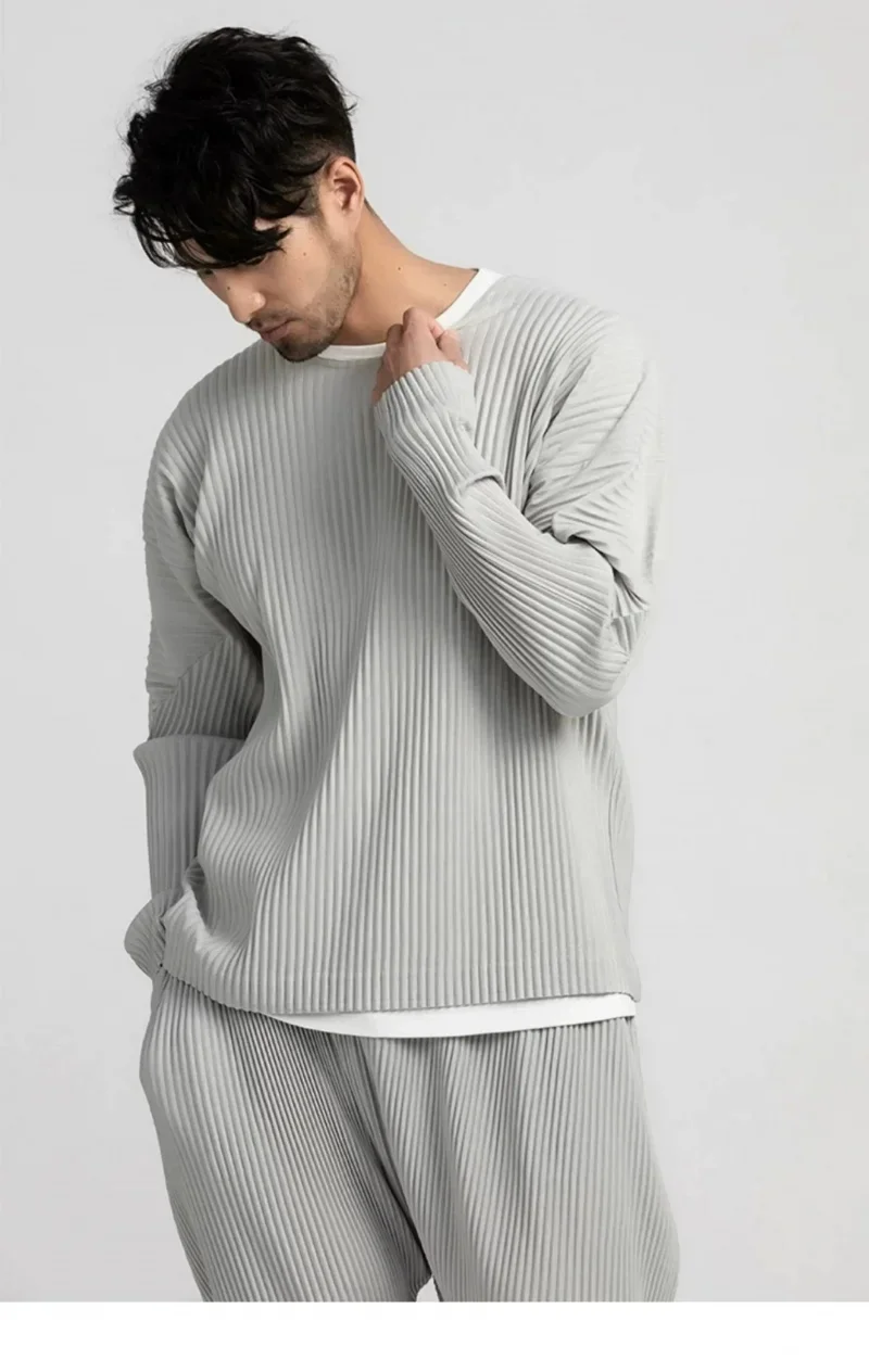 Miyake Pleated Shirt Men Long Sleeve T Shirt Casual Loose Fit Round Neck Tops Japanese Style Streetwear Breathable Pullover