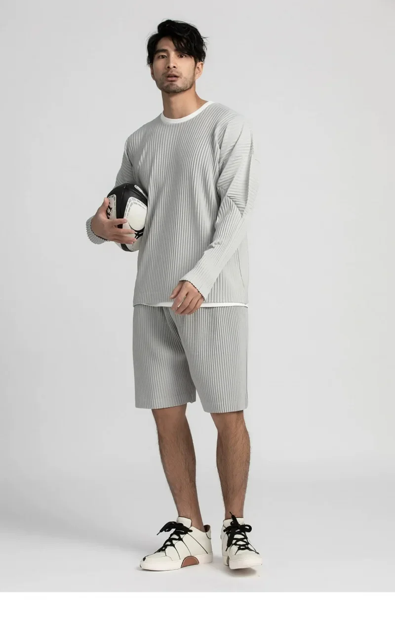 Miyake Pleated Shirt Men Long Sleeve T Shirt Casual Loose Fit Round Neck Tops Japanese Style Streetwear Breathable Pullover