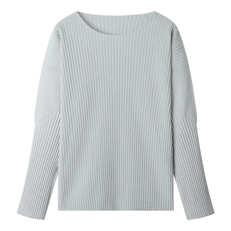 Miyake Pleated Shirt Men Long Sleeve T Shirt Casual Loose Fit Round Neck Tops Japanese Style Streetwear Breathable Pullover