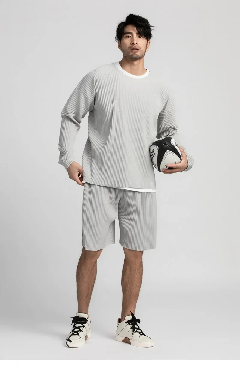 Miyake Pleated Shirt Men Long Sleeve T Shirt Casual Loose Fit Round Neck Tops Japanese Style Streetwear Breathable Pullover