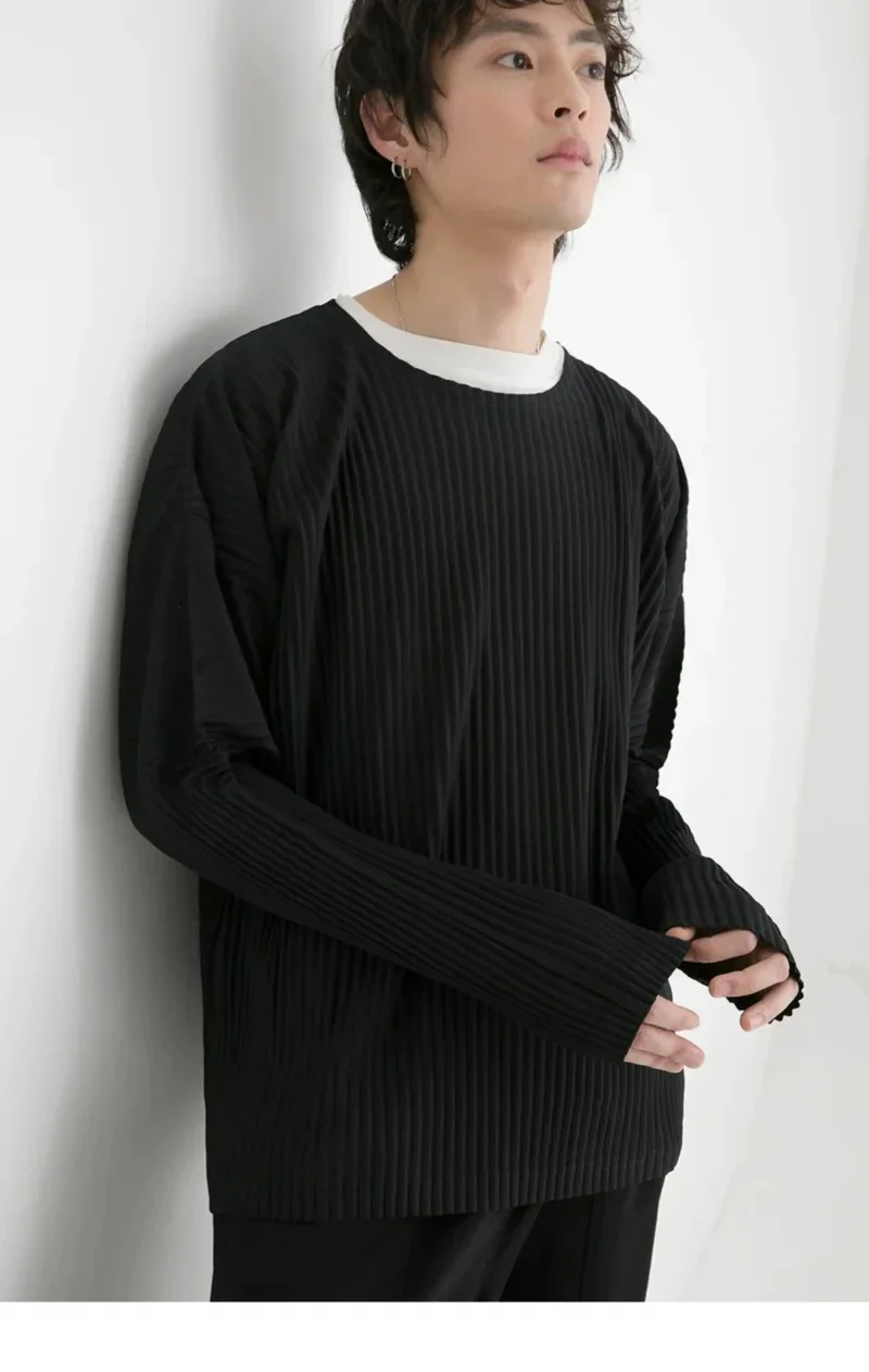 Miyake Pleated Shirt Men Long Sleeve T Shirt Casual Loose Fit Round Neck Tops Japanese Style Streetwear Breathable Pullover