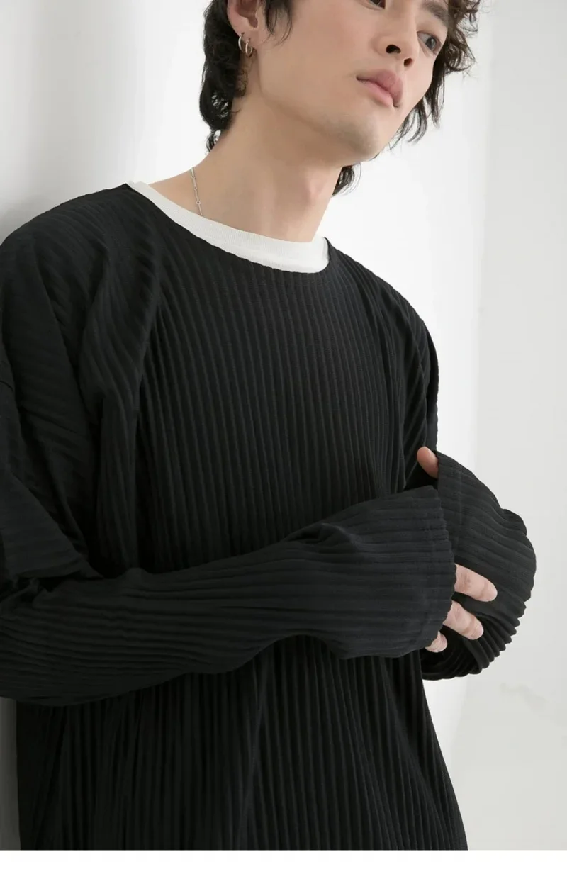 Miyake Pleated Shirt Men Long Sleeve T Shirt Casual Loose Fit Round Neck Tops Japanese Style Streetwear Breathable Pullover