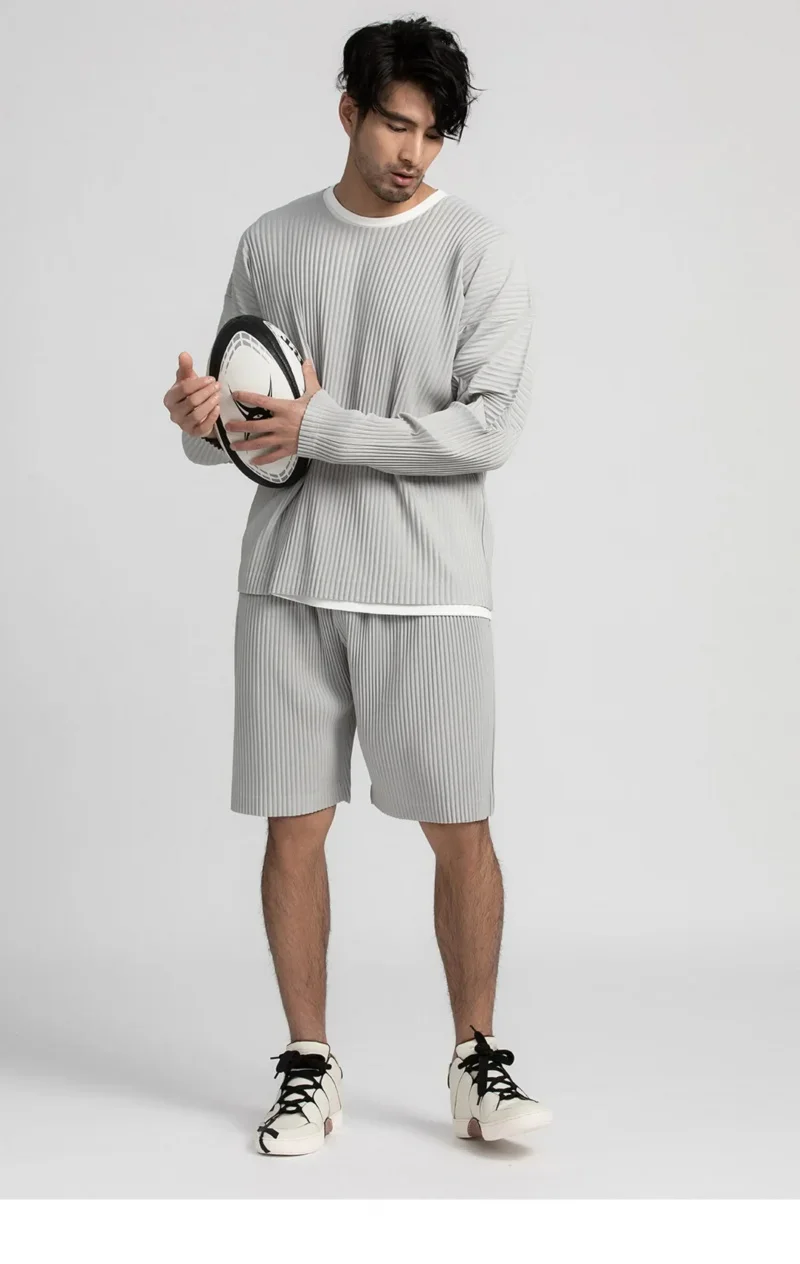 Miyake Pleated Shirt Men Long Sleeve T Shirt Casual Loose Fit Round Neck Tops Japanese Style Streetwear Breathable Pullover