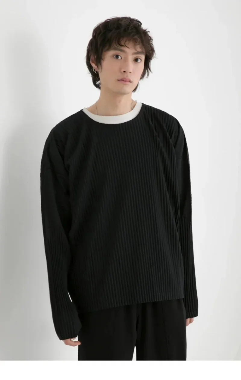 Miyake Pleated Shirt Men Long Sleeve T Shirt Casual Loose Fit Round Neck Tops Japanese Style Streetwear Breathable Pullover