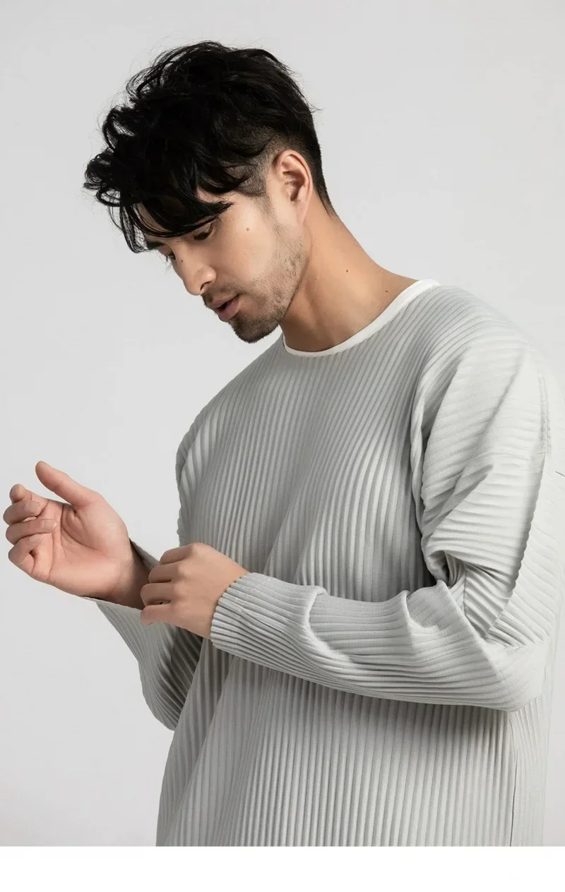 Miyake Pleated Shirt Men Long Sleeve T Shirt Casual Loose Fit Round Neck Tops Japanese Style Streetwear Breathable Pullover