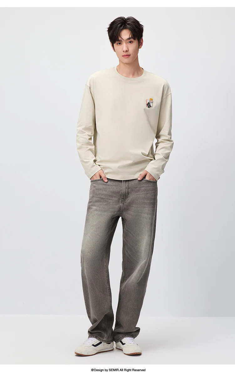 Semir Men Tshirt Long Sleeve Loose Crew Neck Embroidered Detail 2026 Autumn Couple Casual Pullover Everyday Top