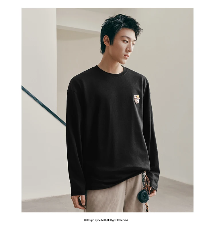 Semir Men Tshirt Long Sleeve Loose Crew Neck Embroidered Detail 2026 Autumn Couple Casual Pullover Everyday Top