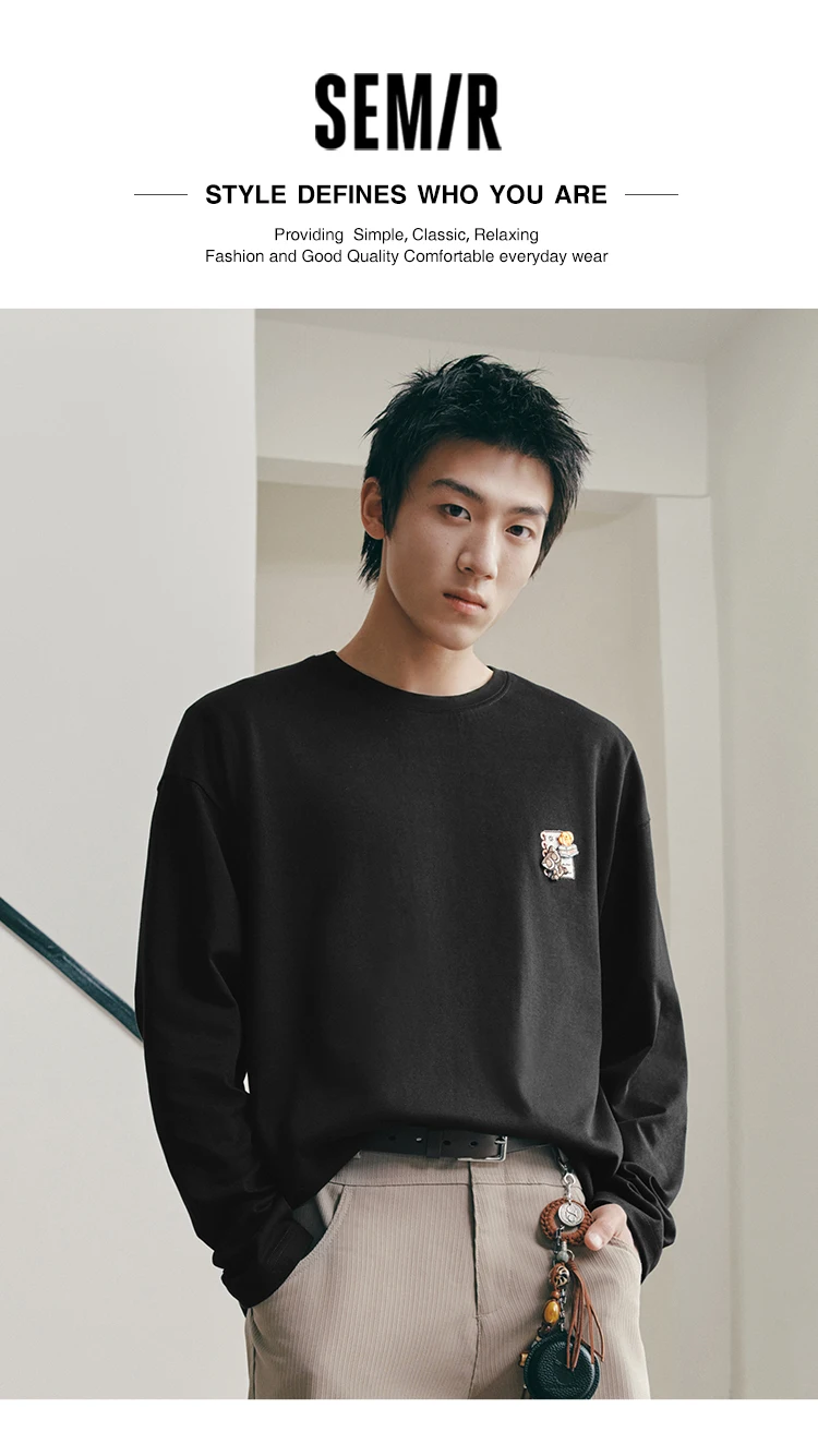 Semir Men Tshirt Long Sleeve Loose Crew Neck Embroidered Detail 2026 Autumn Couple Casual Pullover Everyday Top