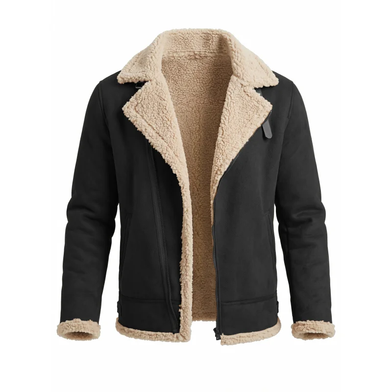 New Men Winter Faux Suede Jacket Fleece Warm Coat Zip Up Hiking Windproof Hooded Belted Tactical Thickened Outerwear Winter Male