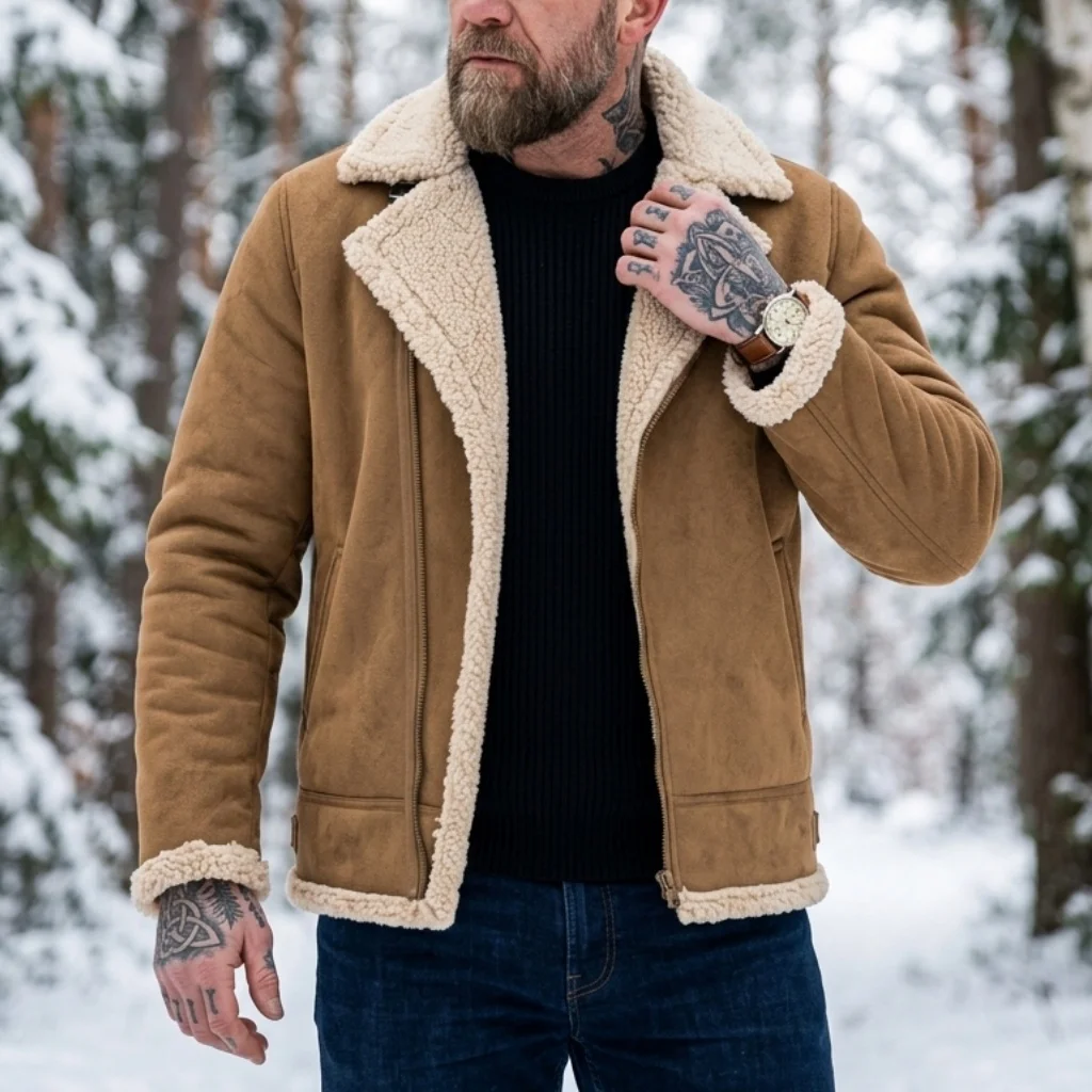 New Men Winter Faux Suede Jacket Fleece Warm Coat Zip Up Hiking Windproof Hooded Belted Tactical Thickened Outerwear Winter Male