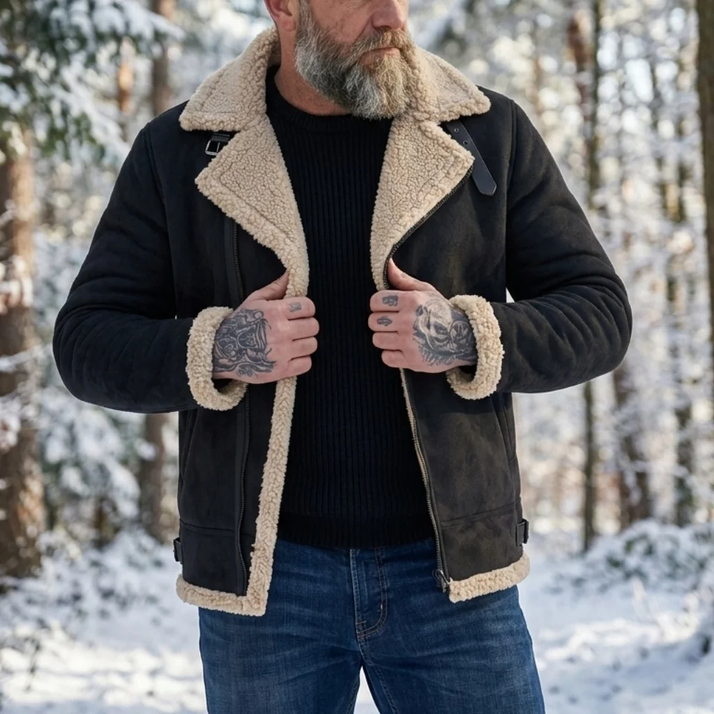 New Men Winter Faux Suede Jacket Fleece Warm Coat Zip Up Hiking Windproof Hooded Belted Tactical Thickened Outerwear Winter Male