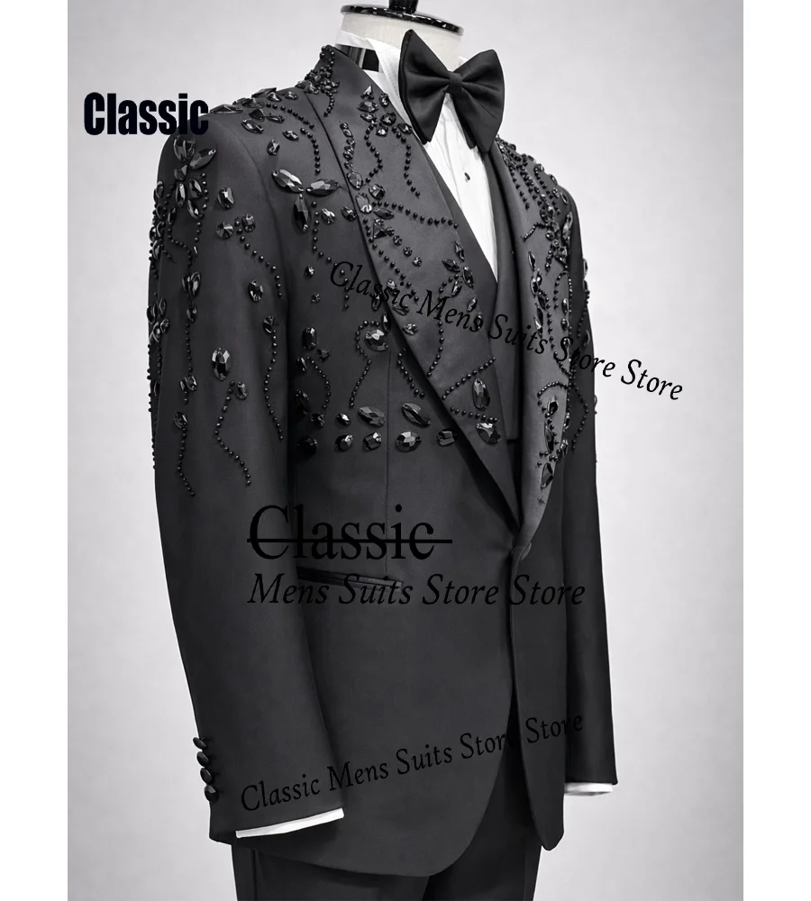 Customized Crystal Jewelry Men Suit Luxury Sequin Gem For Evening Groom Male Prom Party Elegant Blazer 2 Pieces Set Tuxedos Slim