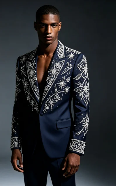 Customized Crystal Jewelry Men Suit Luxury Sequin Gem For Evening Groom Male Prom Party Elegant Blazer 2 Pieces Set Tuxedos Slim