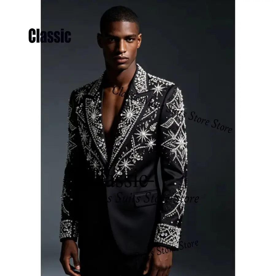 Customized Crystal Jewelry Men Suit Luxury Sequin Gem For Evening Groom Male Prom Party Elegant Blazer 2 Pieces Set Tuxedos Slim