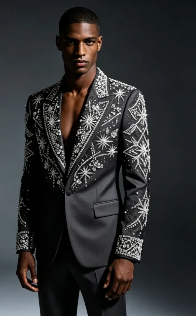 Customized Crystal Jewelry Men Suit Luxury Sequin Gem For Evening Groom Male Prom Party Elegant Blazer 2 Pieces Set Tuxedos Slim