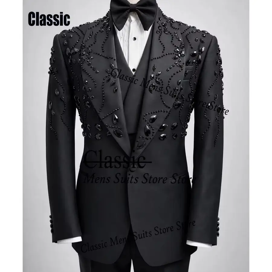 Customized Crystal Jewelry Men Suit Luxury Sequin Gem For Evening Groom Male Prom Party Elegant Blazer 2 Pieces Set Tuxedos Slim