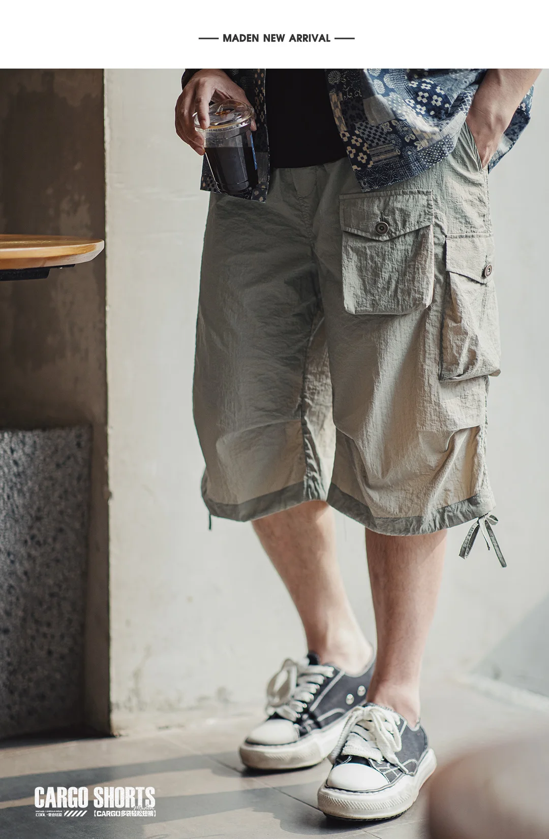 Maden Summer Men's Cargo Pants  Vintage Multiple Pockets Commuting Short Pants Elastic Waistband Knee Length Shorts